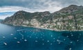 Aerial drone panoramic view of Positano village beach in Amalfi coast