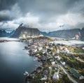 Aerial drone panoramic view of Reine traditional fishing village in the Lofoten archipelago in northen Norway with blue Royalty Free Stock Photo