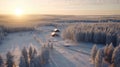 Aerial Drone Panoramic View Of Winter Forest At Dusk