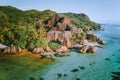 Aerial drone photo of amazing tropical Anse Source D argent beach at Seychelles. Exotic paradise travel vacation concept