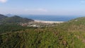 Aerial drone photo back view of Loh Lana Bay, part of iconic tropical Phi Phi island