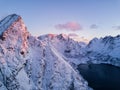 Drone photo - Sunrise over the mountains of the Lofoten Islands. Reine, Norway Royalty Free Stock Photo