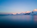 Drone photo - Sunrise over the mountains of the Lofoten Islands. Reine, Norway Royalty Free Stock Photo