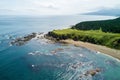 Aerial drone photo of cape Velikan near by cape Ptichiy, Sakhalin island, Russia Sahalin. Unbelievable natural green lawns.