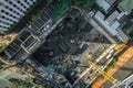 Aerial drone photo of demolition site and construction workers