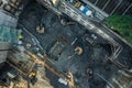 Aerial drone photo of demolition site and construction workers