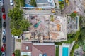 Aerial drone photo of demolition site and construction workers