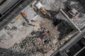 Aerial drone photo of demolition site and construction workers