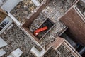 Aerial drone photo of demolition site and construction workers