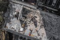 Aerial drone photo of demolition site and construction workers