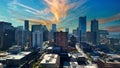 Aerial drone photo of Downtown Denver with orange electric sky Royalty Free Stock Photo