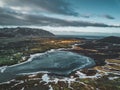 Aerial drone photo of a empty lake a huge volcanic mountain Snaefellsjokull in the distance, Reykjavik, Iceland.