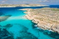 Aerial drone photo - The famous Blue Lagoon in the Mediterranean Sea. Comino Island, Malta Royalty Free Stock Photo