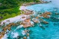 Aerial drone photo of group of rocks on tropical hidden secret beach Marron at La Digue island, Seychelles. White sand Royalty Free Stock Photo