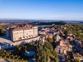 Aerial drone photo of Guarene castle and city in Northern Italy, langhe and roero region