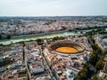 A drone photo of the Plaza de Toros bullfighting ring in Seville, Spain