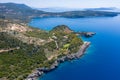 Aerial drone photo of iconic paradise sandy beach of Agiofili near port of Vasiliki. Lefkada island, Ionian, Greece Royalty Free Stock Photo