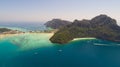 Aerial drone photo of iconic tropical beach and resorts of Phi Phi island