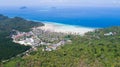 Aerial drone photo of iconic tropical beach and resorts of Phi Phi island