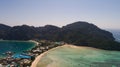 Aerial drone photo of iconic tropical beach and resorts of Phi Phi island