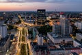 Aerial drone photo of Katowice centre with roundabout and modern office towers at evening. Royalty Free Stock Photo