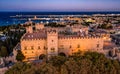 Aerial drone photo of Palace of the Grand Master in Rhodes, Greece. sunset view of the fortress and port Royalty Free Stock Photo