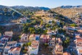 Aerial drone photo from picturesque and famous tourist spot island of Symi, Dodecanese, Greece Royalty Free Stock Photo