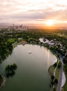 Aerial drone photo - Skyline of Denver, Colorado at sunset from City Park Royalty Free Stock Photo