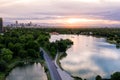 Aerial drone photo - Skyline of Denver, Colorado at sunset from City Park Royalty Free Stock Photo