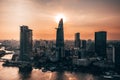 Aerial drone photo - Skyline of Saigon Ho Chi Minh City at sunset. Vietnam Royalty Free Stock Photo