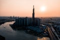 Aerial drone photo - Skyline of Saigon Ho Chi Minh City at sunset. Vietnam Royalty Free Stock Photo