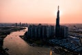 Aerial drone photo - Skyline of Saigon Ho Chi Minh City at sunset. Vietnam Royalty Free Stock Photo