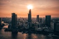 Aerial drone photo - Skyline of Saigon Ho Chi Minh City at sunset. Vietnam Royalty Free Stock Photo