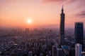 Aerial drone photo - Sunset over Taipei skyline. Taiwan. Taipei 101 skyscraper featured.