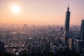 Aerial drone photo - Sunset over Taipei skyline. Taiwan. Taipei 101 skyscraper featured. Royalty Free Stock Photo