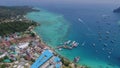 Aerial drone photo of Tonsai pier and iconic tropical beach and resorts of Phi Phi island