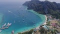 Aerial drone photo of Tonsai pier and iconic tropical beach and resorts of Phi Phi island