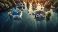 Aerial drone photo of the town showing the flooded fields from on a rainy day during a large flood after a storm