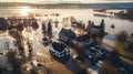 Aerial drone photo of the town showing the flooded fields from on a rainy winters day during a large flood after a storm
