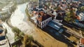 Aerial drone photo of the town showing the flooded fields from on a rainy day during a large flood after a storm