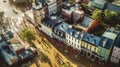 Aerial drone photo of the town showing the flooded fields from on a rainy day during a large flood after a storm