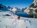 Women posing in the mountains of the Lofoten Islands. Reine, Norway