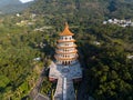 Aerial drone photo of Wuji Tianyuan Temple in Tamsui, New Taipei City, Taiwan with beautiful green forest.