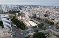 Aerial drone photograph of cityscape of Nicosia in Cyprus at sunset.