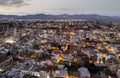 Aerial drone photograph of cityscape of Nicosia town in Cyprus at sunset.