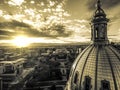 Aerial Drone Photograph - Stunning golden sunset over the Colorado state capital building & Rocky Mountains, Denver Colorado. Royalty Free Stock Photo