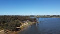 The aerial drone point of view footage at Bowna Waters Reserve is natural parkland on the foreshore of Lake Hume