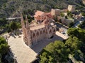 Aerial drone point of view Sanctuary of Santa Maria Magdalena monastery raises among mountains in Novelda spanish town, Art