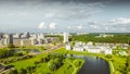 Aerial drone shoot with top view near national library in Minsk, Belarus. Beauty morning sunrise with modern architecture, road, c Royalty Free Stock Photo