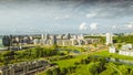 Aerial drone shoot with top view near national library in Minsk, Belarus. Beauty morning sunrise with modern architecture, road, c Royalty Free Stock Photo